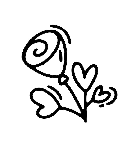 Векторный монолиновый цветок с сердечками День Святого Валентина Ручной рисунок значок Праздник эскиз каракули Дизайн