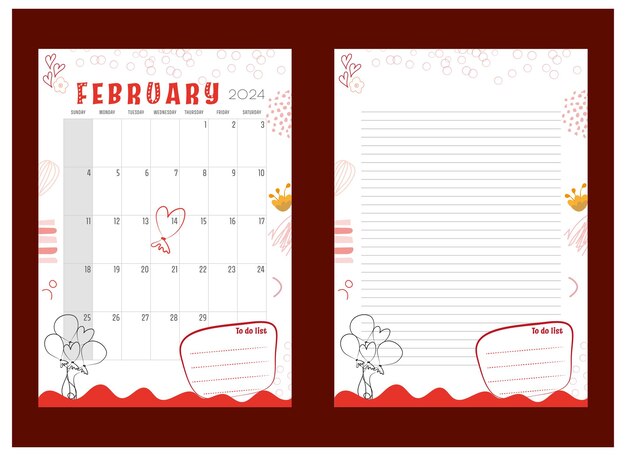 Pianificatore di mese vettoriale calendario febbraio 2024 con lista di cose da fare e pagina di note con linee