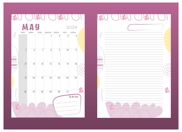 Vettore pianificatore di mese vettoriale calendario maggio 2024 con lista di cose da fare e pagina di note con linee