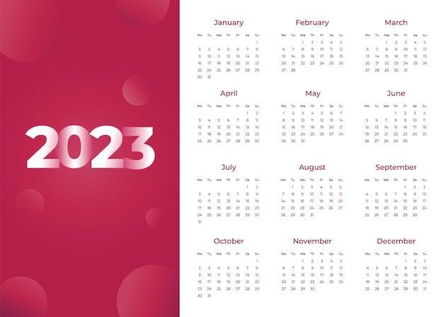 Vettore calendario mensile vettoriale 2023 con colore dell'anno 2023 viva magenta