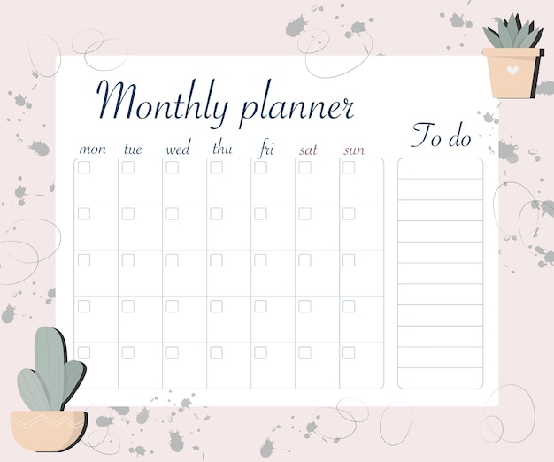 vector monthly planner in pastel colors with dots abstract elements  plant and cactus in pots