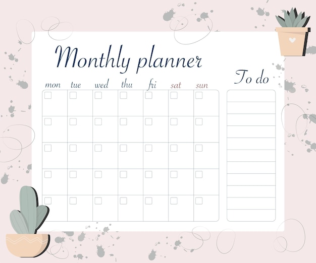 Vector vector monthly planner in pastel colors with dots abstract elements  plant and cactus in pots