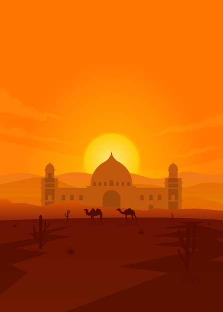 Vector Mosque With Orange Sunset Sky Illustration