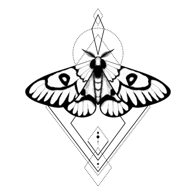 벡터 나방 신비한 상징과 기하학적 장식이 있는 표지판 나비 나방 빈티지 새겨진 스타일