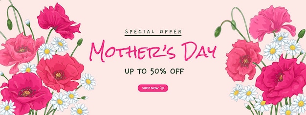 Vector mother's day poster or banner with red poppies