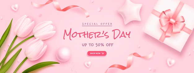 Vector mother's day poster or banner with tulips