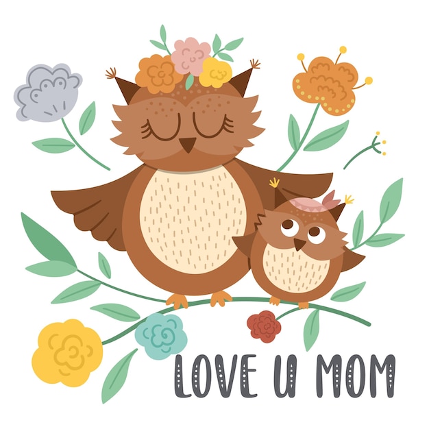 Vector Mothers Day card with cute boho animal Premade design with woodland baby bird with mother Bohemian style poster with owl family and flowers on white backgroundxA