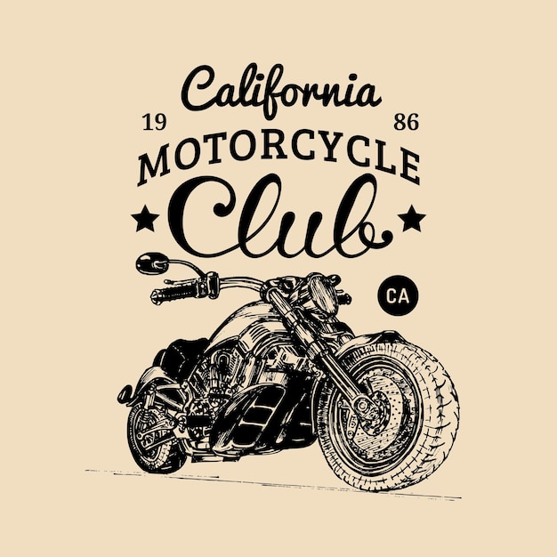 Poster pubblicitario moto vettoriale illustrazione disegnata a mano per badge mc logo bici dettagliato per stampa tshirt etichetta garage negozio chopper azienda personalizzata