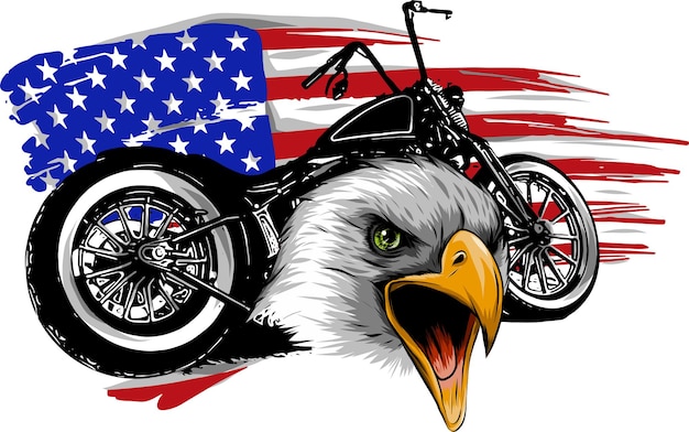 머리 독수리와 미국 국기가 달린 오토바이 벡터