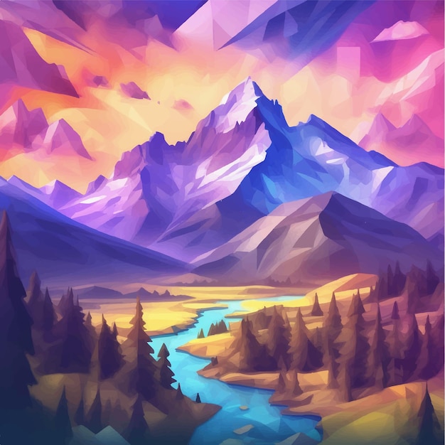 Vector Mountain Landscape with River and Background Mountains