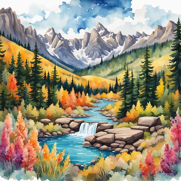 Vector Mountain Landscape with River and Background Mountains