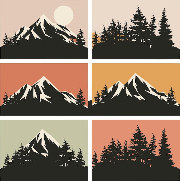 Vector vector mountains and forest silhouettes set