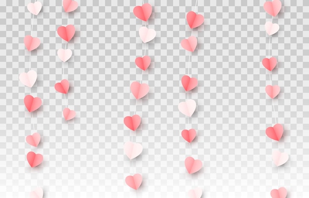 Vector multicolor hanging paper hearts png. Heart shaped paper confetti png. Garland of hearts png.