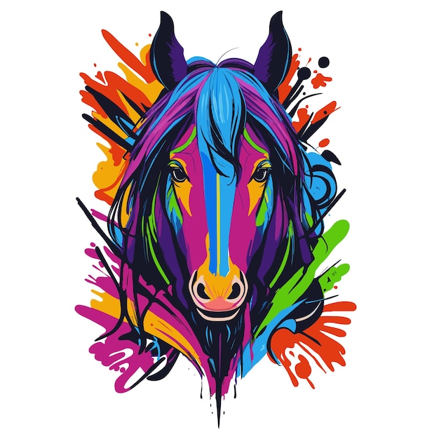 Vector multicolored cartoon portrait of horse with colorful splashes on white background