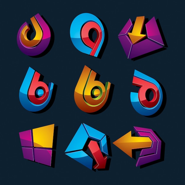 Vector multimedia signs collection isolated on black background. 3d colorful abstract design elements, can be used in web and graphic design and as marketing symbols.