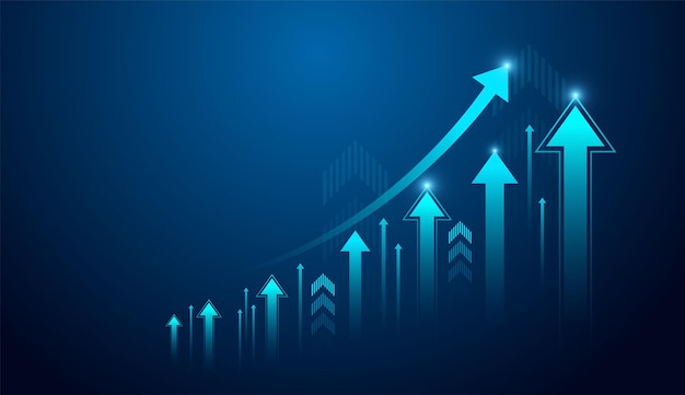 the vector of multiple blue arrows rising in size symbolizing steady and strong growth over time