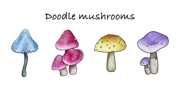 Insieme di doodle di funghi vettoriali. collezione di icone di amanita muscaria. fungo magico isolato.