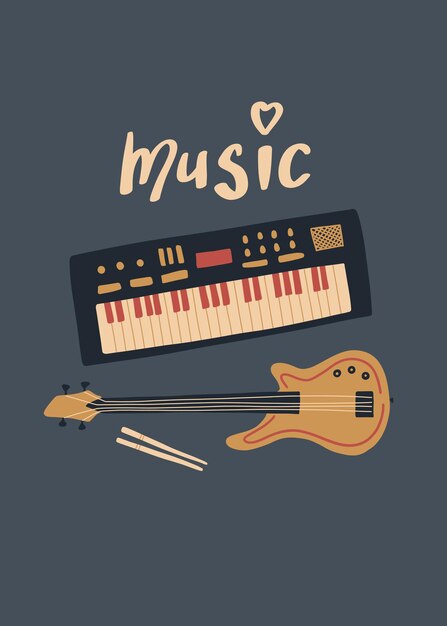 Vector vector music design with synthesizer bass guitar drum sticks and lettering music