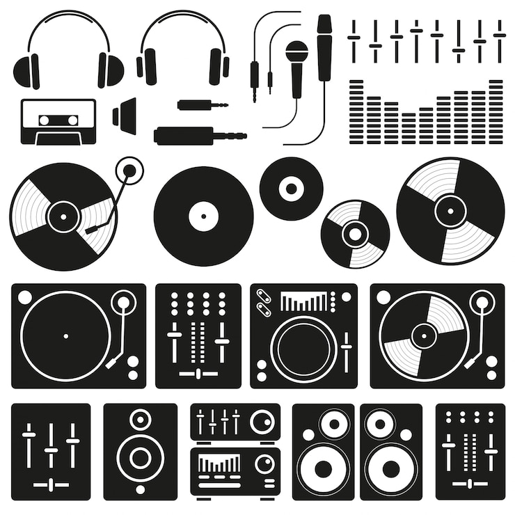 Vector djのスタッフとあらゆる機器のベクトル音楽アイコン