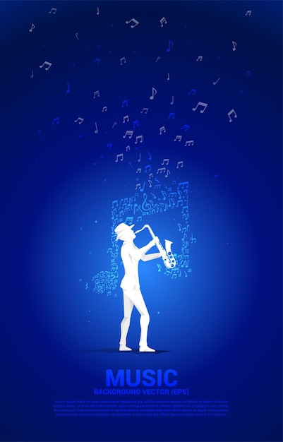 Vector vector music melody note flow with man and saxophone. concept background for jazz song and concert theme.