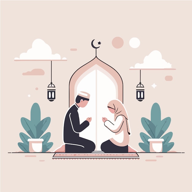 Векторская мусульманская пара молится.