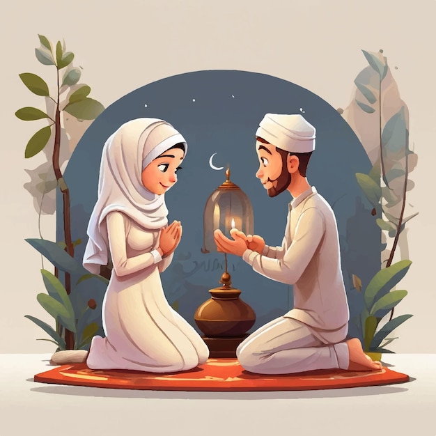 vector muslim couple praying cartoon character