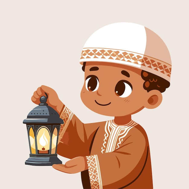 vector Muslim cute boy with lantern Rmazan icon illustartion