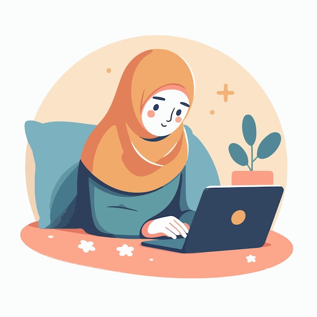 Vector vector of a muslim girl lying down with a laptop