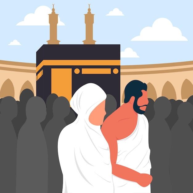 カーバ神殿の周りでタワフをしているイスラム教徒の夫と妻のベクトルプレミアムベクトル
