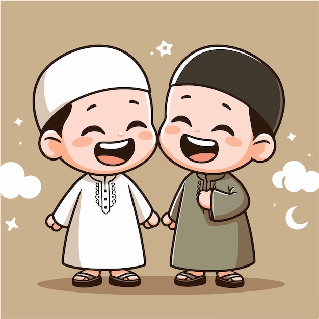ベクトルイスラム教徒の子供は、シンプルで漫画のフラットなデザインスタイルで幸せで陽気で興奮しています