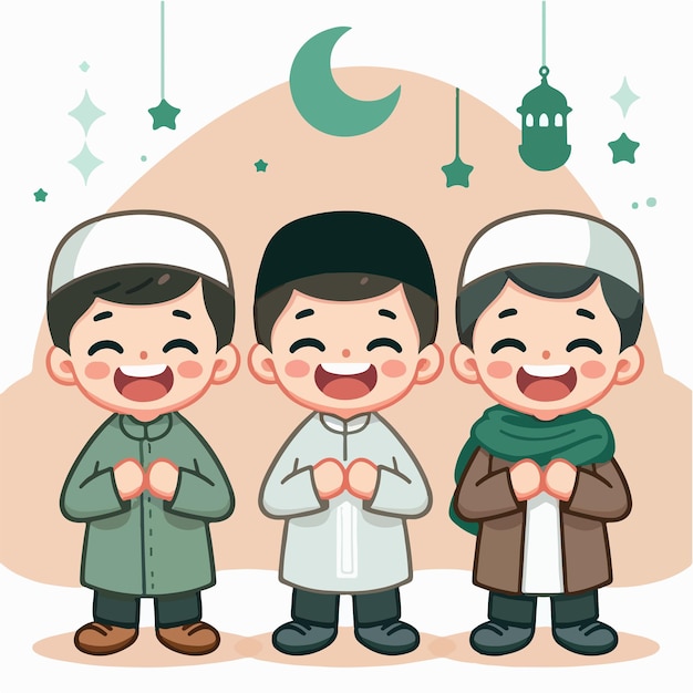 Vector Muslim kid is happy cheerful and excited with a simple and cartoon flat design style