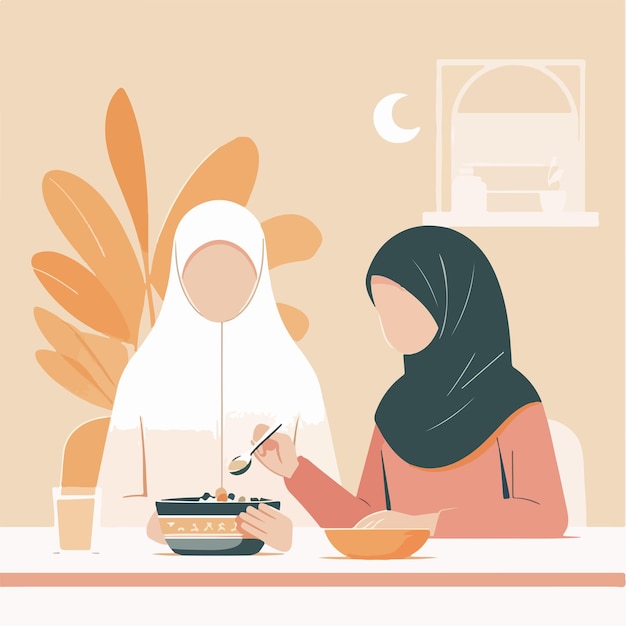 Vector of a muslim woman eating in a flat design style