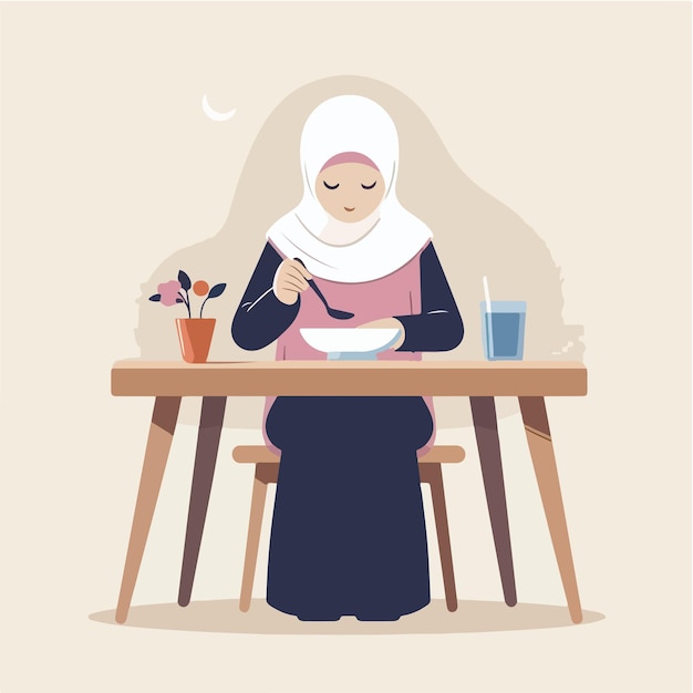 Vector of a muslim woman eating in a flat design style