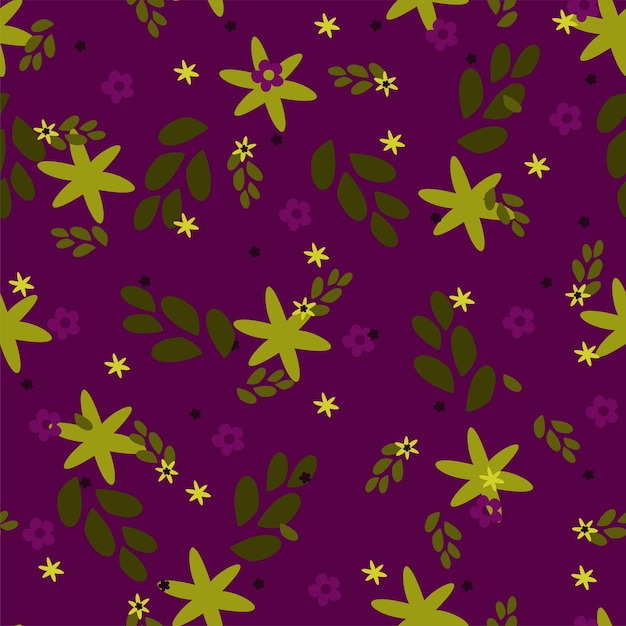 Vector naadloos bloemenpatroon Eenvoudige bloemen en bladeren op donkere paarse achtergrond