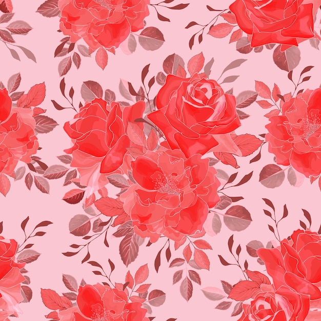 Vector naadloos bloemenpatroon met rode bloemenroos en bladeren op roze background