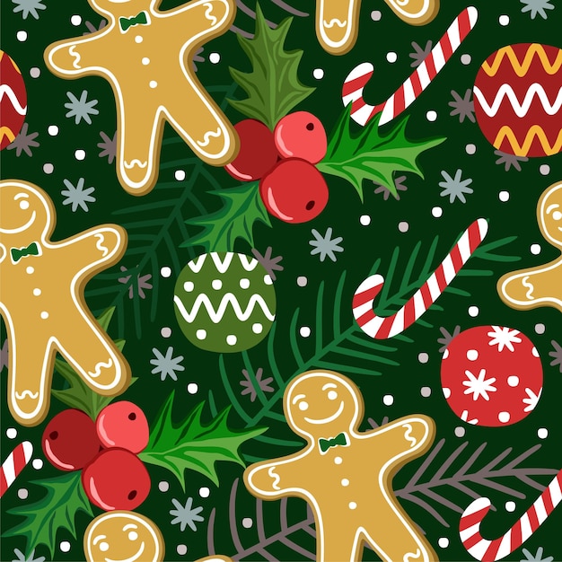 Vector naadloos kerstpatroon met peperkoekmannen, lolipops, kerstspeelgoed, hulstbessen.