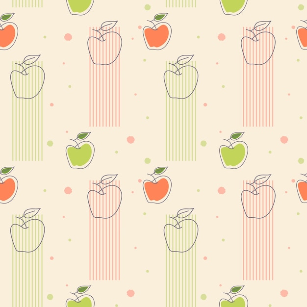 Vector naadloos patroon, appels met stroken en gekleurde vlekken, modern design, lijntekening