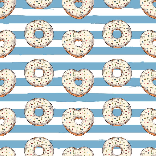 Vector naadloos patroon. Geglazuurde donuts versierd met toppings, chocolade, noten.