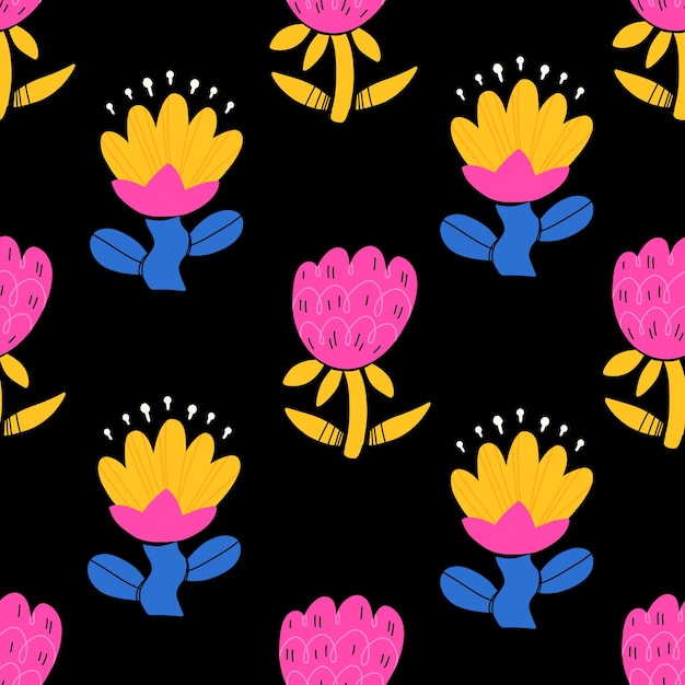 Vector vector naadloos patroon met abstracte schattige lente bloemen en bladeren in platte cartoon stijl