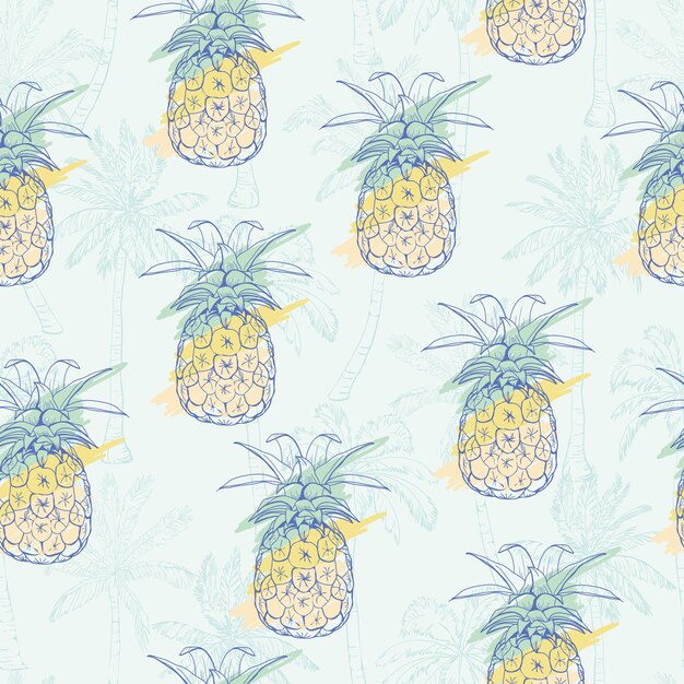 Vector naadloos patroon met ananas, fruit, zomer, textuur, print, gele decoratiestof voor voedselontwerp