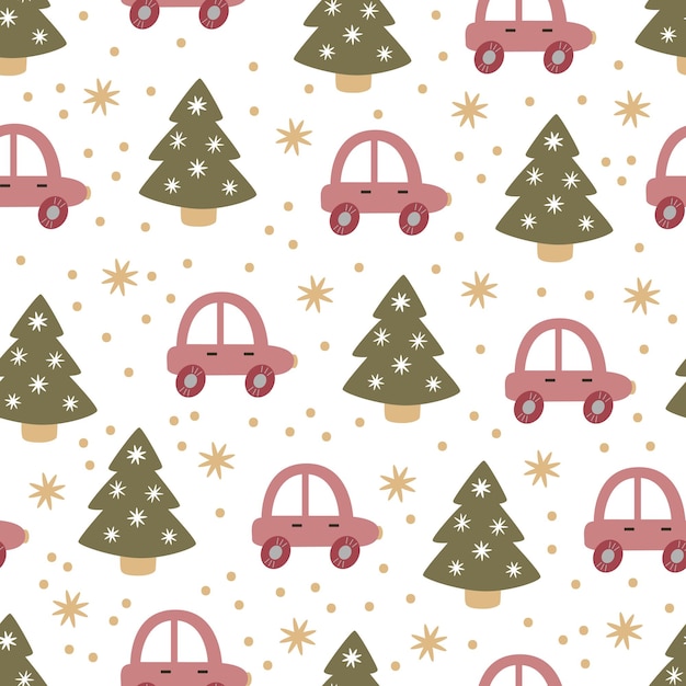 Vector naadloos patroon met auto en kerstboom Kerst foto Nieuwjaar illustratie oppervlakte bezorgservice