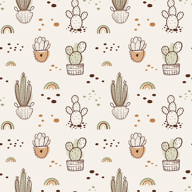 Vector naadloos patroon met boho cactus planten in een bloempot en vetplanten