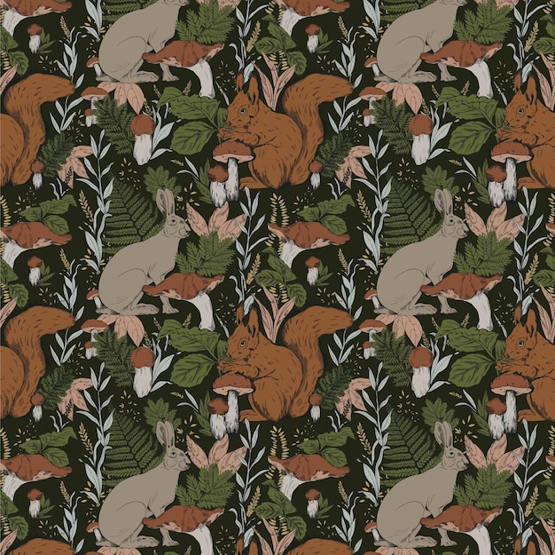 Vector vector naadloos patroon met bosdieren konijn en bladeren tak paddestoelen