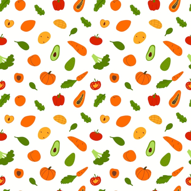 Vector naadloos patroon met de hand getekende platte cartoon groenten en fruit Kleurrijk behang