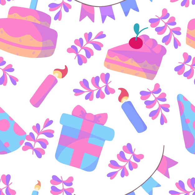 Vector naadloos patroon met een taart, een feestelijke hoed, een plant en een verjaardagscadeau.