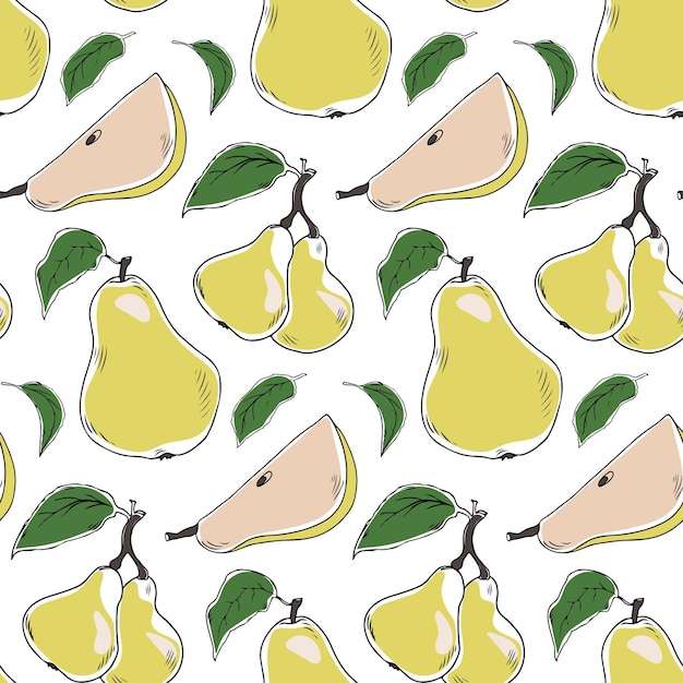 Vector naadloos patroon met gele peren en bladeren in doodlestijl