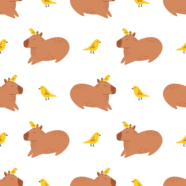 Vector naadloos patroon met grappige capibara's en vogels Schattige achtergrond met grappige capibara's met gele vogels op het hoofd Schattig capibara-patroon in plat ontwerp