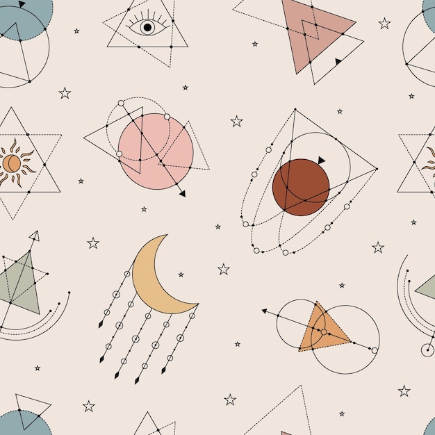Vector vector naadloos patroon met kleurrijke alchemie en astrologie symbolen hand getekend in lijnen