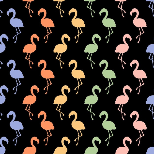 Vector naadloos patroon met kleurrijke flamingo en zwarte achtergrond