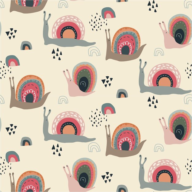Vector naadloos patroon met leuke grappige regenboogslakken in abstracte Skandinavische stijl